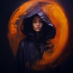 Aura manifestation, expressive ethnic fashion portrait, enveloped in dancing neb...