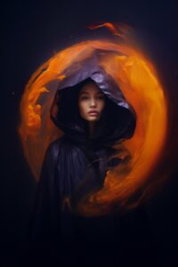 Aura manifestation, expressive ethnic fashion portrait, enveloped in dancing neb...