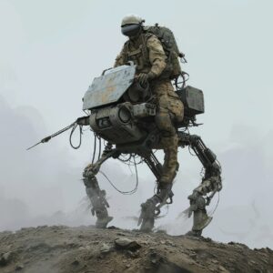 a soldier riding a bipedal, two legged robotic transport vehicle with handle bar...