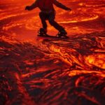 Skating on a molten lava caldera, hype - realistic surrealism, inside a volcanic...