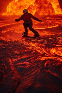 Skating on a molten lava caldera, hype - realistic surrealism, inside a volcanic...