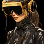 Black background gold lines like circuit board flat 2d stylized art deco poster ...