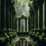 A colonnade scene featuring a mysterious sequence of moss - covered pillars lead...