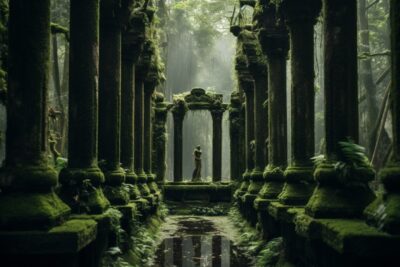 A colonnade scene featuring a mysterious sequence of moss - covered pillars lead...