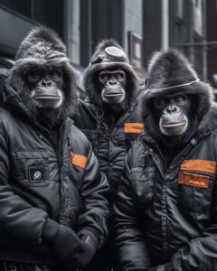 Photography anthropomorphic gang of gorilla bank robber's, in Boston Massachuset...