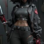 Dystopian female cyberpunk afro samurai attacking --niji 5 --s 250 --c 10 --styl...