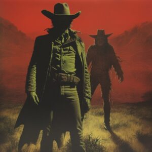 1978, full colour photograph of a cowboy vs a demon, backlight dark olive green,...