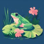 a frog lying on the green lotus leef, in the style of minimalist illustrator, li...