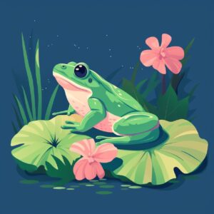 a frog lying on the green lotus leef, in the style of minimalist illustrator, li...