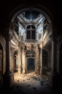 Urbex with MidjourneyPrompt - horror, abandoned vintage living room interior, ur...