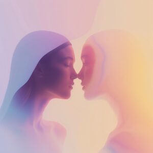 Create an artistic image that features two human profiles facing each other in a...