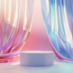 3D display podium, iridescent colored background with pedestal and flying irides...