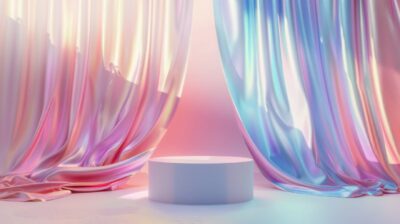 3D display podium, iridescent colored background with pedestal and flying irides...