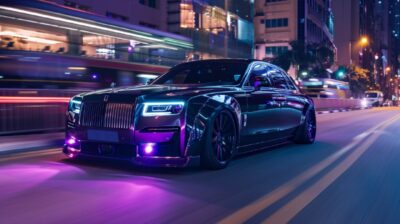 medium shot of black autonomous next generation rolls Royce with vossen wheels a...