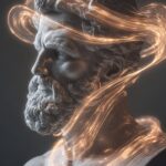 A modern sculpture of the head and shoulders of an ancient Greek king, with glow...
