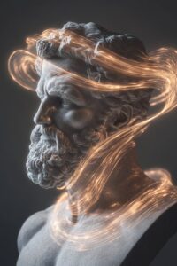 A modern sculpture of the head and shoulders of an ancient Greek king, with glow...