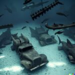 Graveyard of trucks from 2000s on the seabed under water with sharks, CGI digita...