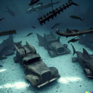 Graveyard of trucks from 2000s on the seabed under water with sharks, CGI digita...