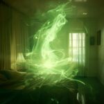 photorealistic, what happens when energy beings teleport in a room, light, green...