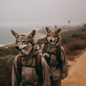 A few coyotes in San Diego going hiking. They are wearing hiking clothes and hav...