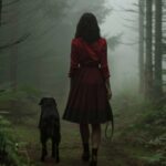 A cinematic still of a woman in a red dress and black skirt, with her dog walkin...