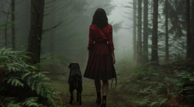 A cinematic still of a woman in a red dress and black skirt, with her dog walkin...