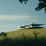 Movie still of the modern minimalism building on a hill in the middle of the gra...