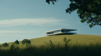 Movie still of the modern minimalism building on a hill in the middle of the gra...