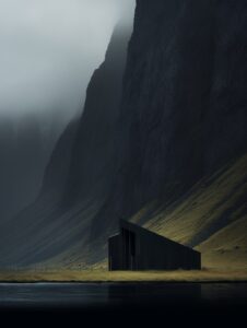 a building in front of a mountain side, in the style of organic minimalism, dark...