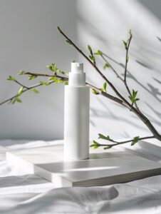 Product photography, white makeup bottle on board, close-up, there is a branch w...