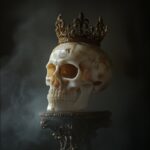 photograph of a ivory crown shaped skull, dark background, fog, smoky, dramatic ...