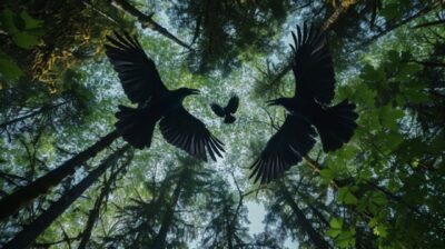 Three large black crows, spreading their wings, circle high in the sky above the...