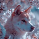 high-angle shot, infrared photo of a white shiba inu with orange ears and red no...