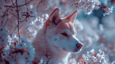 high-angle shot, infrared photo of a white shiba inu with orange ears and red no...