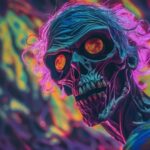 Colorfully psychadelic photo of zombie with wavy shining eyes, photo taken with ...