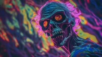 Colorfully psychadelic photo of zombie with wavy shining eyes, photo taken with ...