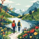 illustration primary colors two people hiking on a sunny day in spring with bloo...
