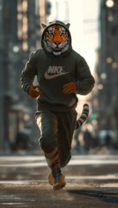 a humanoid tiger with a sweatshirt and comfortable gym pants from the brand Nike...