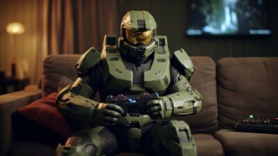 Photo realistic, cinematic style shot of Master Chief from Halo sitting on a cou...