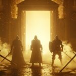 a group of five silhouetted knights stand on the left side, facing forward and h...