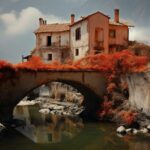 The house and bridge is in the mountains, in the style of realist figure paintin...