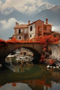 The house and bridge is in the mountains, in the style of realist figure paintin...