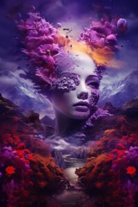 AI loves pride, surreal breathtaking landscape of in deep purple yellow black an...