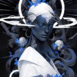 a black and white illustration with abstract space rings and a woman with a halo...