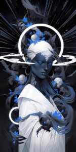 a black and white illustration with abstract space rings and a woman with a halo...