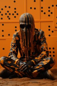 Wide fashion shot of Man wearing a futuristic mask next a bank partially covered...