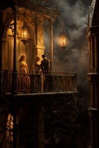 Scene, romeo and juliet balcony, elaborate, pale brown, night, cinematicvar2Rome...