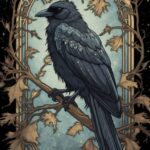 Batik image in of a fabulous black raven in muted colors on a black background i...