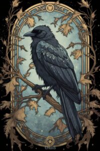 Batik image in of a fabulous black raven in muted colors on a black background i...