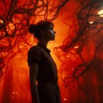 A woman stands in a red room with a tree in the middle of her head, in the style...